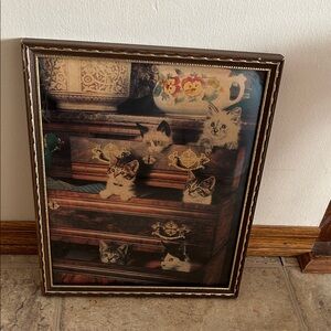 Framed Vintage Print of Kittens in Drawers - Brown Frame